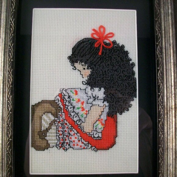 Dale Burdett Finished Cross Stitch Dark Haired Doll Easel Frame Art 7" x 9" - Picture 2 of 3